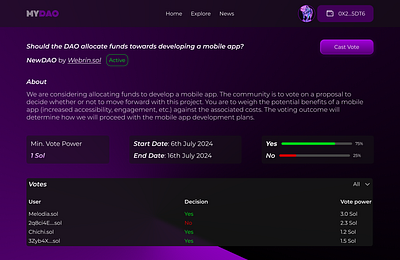 DAO Voting Page crypto dao decentralized governance product design ui uiux ux voting web 3