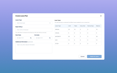 Leave Plan 📝 aesthetics color design figma inputfield leave modal popup ui uidesign webdesign website