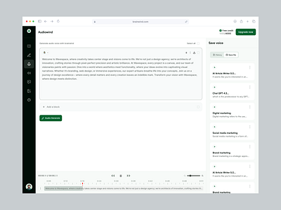 Brainwind AI - Audiowind Dashboard ai audio generation ai content tools ai platform content automation modern product design real time playback saas ai saas ai text to audio text to audio ui ux voice library we design web app design