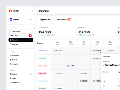 TikTik - Timesheet Page calendar clean dashboard design minimalist product design project project management sidebar task task management time time tracker timeline timesheet to do list tracker ui ux website