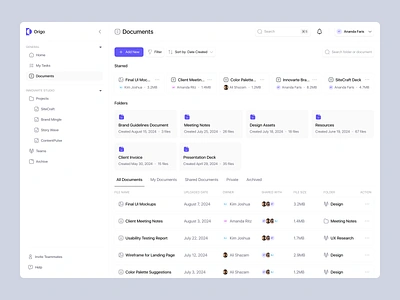 Origo Dashboard - Document Page card dashboard design documents kanban management minimalist product design project project management table task task management to do list tool ui ux uxdesign website works