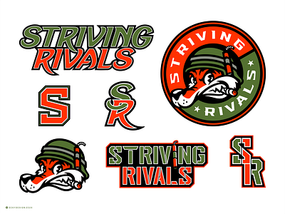 STRIVING RIVALS STREETWEAR, WOLVES MASCOT apparel branding cartoon logo cartoon mascot character logo character mascot clothing brand college mascot design illustration lettermark mascot mascot logo monogram sports design streetwear vintage branding vintage mascot wolfves mascot wordmark