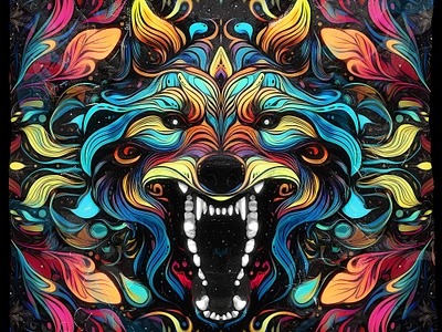 AGGRESSION VII abstract art digital digitalart drawing eyes face floral head illustration nature neon patterns teeth vector wolf