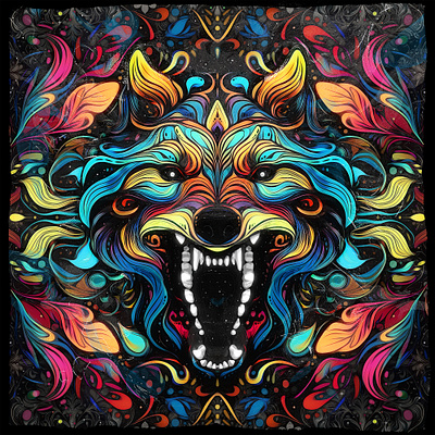 AGGRESSION VII abstract art digital digitalart drawing eyes face floral head illustration nature neon patterns teeth vector wolf