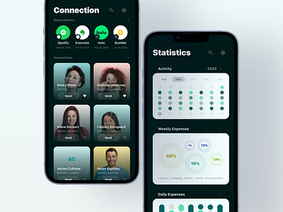 Connection and Stats iOS Screen bar graph connection contact dashboard financial friends graph ios mobile performance pie chart statistics subscriptions