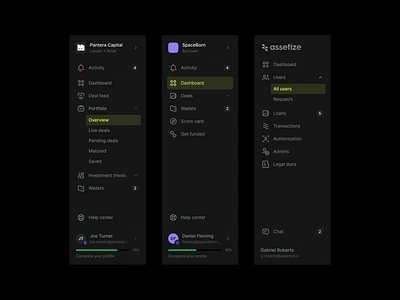 Assetize – navbars, dark mode app application dark mode design system financial app fintech fintech app funding platform navbar navigation sidebar ui ux visual identity web app