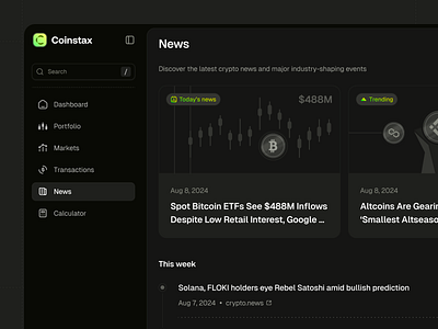 Coinstax | Crypto News blockchain dashboard clean crypto crypto dashboard crypto news dark mode dark theme ui dark ui dashboard fintech dashboard fintech ui saas dashboard ui ui design user interface web app web3 web3 dashboard