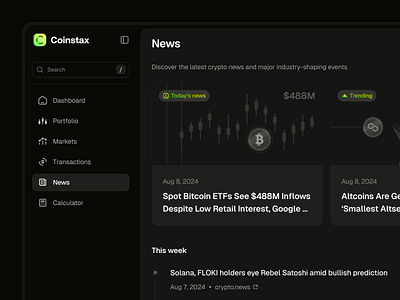 Coinstax | Crypto News blockchain dashboard clean crypto crypto dashboard crypto news dark mode dark theme ui dark ui dashboard fintech dashboard fintech ui saas dashboard ui ui design user interface web app web3 web3 dashboard