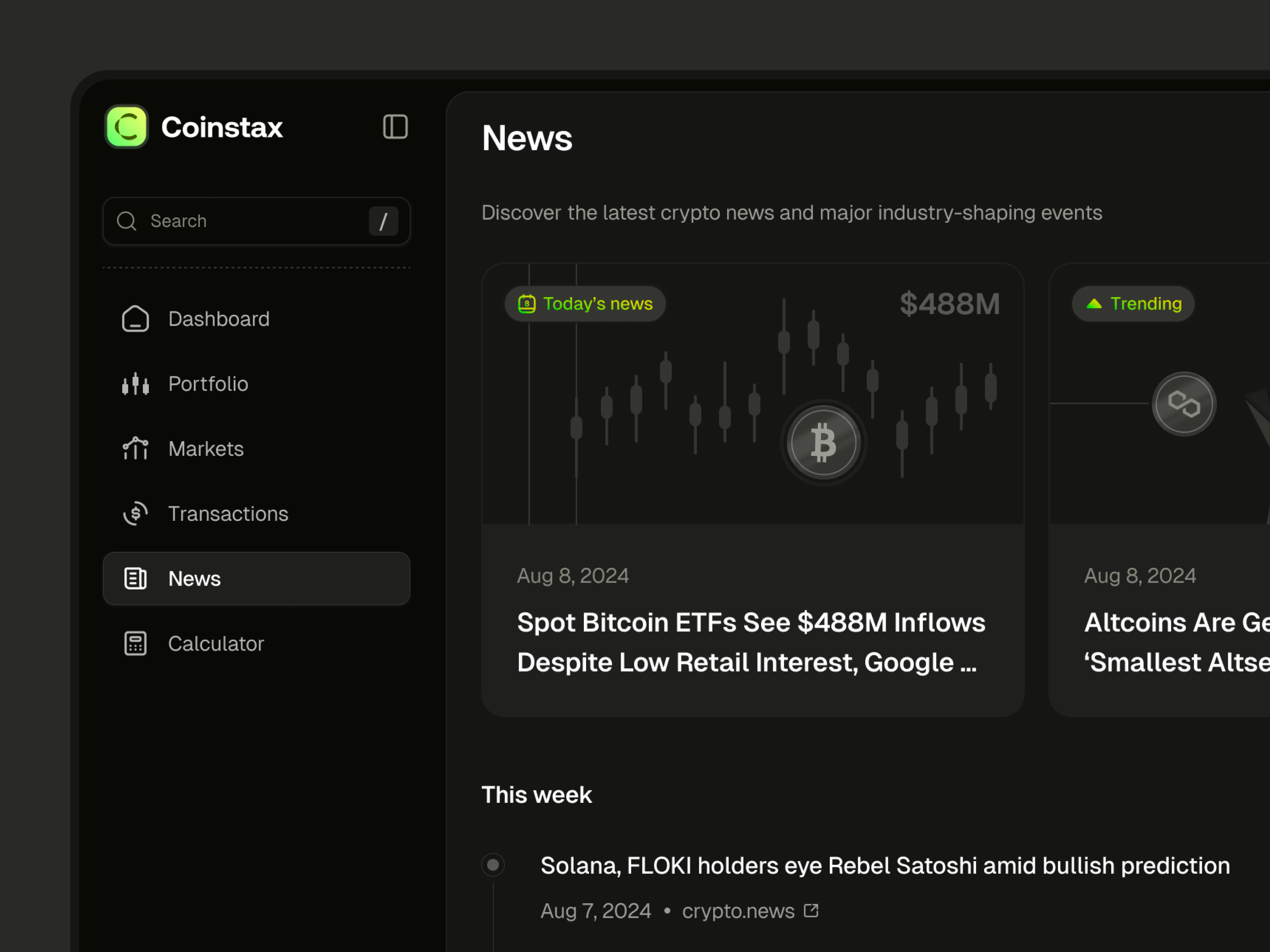 Coinstax: Crypto News blockchain dashboard clean crypto crypto dashboard crypto news dark mode dark theme ui dark ui dashboard fintech dashboard fintech ui saas dashboard ui ui design user interface web app web3 web3 dashboard