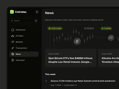 Coinstax | Crypto News blockchain dashboard clean crypto crypto dashboard crypto news dark mode dark theme ui dark ui dashboard fintech dashboard fintech ui saas dashboard ui ui design user interface web app web3 web3 dashboard