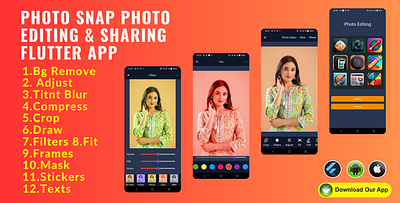 PhotoSnap - Advanced Photo Editor & Social Sharing Flutter App graphic design logo remove bg ui