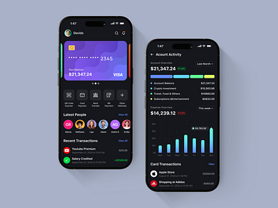 Banking App - Fintech Mobile App Design app bank bank card chart clean credit card dark theme ebanking expense management finance investment app mobile mobile bank mobile dashboard money payment app transaction ui ux wallet app