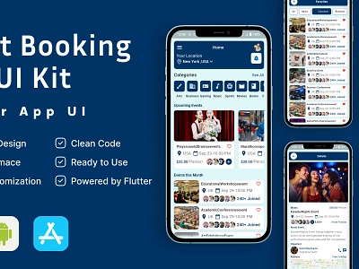 All Events Booking and Management Tickets Flutter App UI Templat booking concert conference event app event booking event calendar event management event planning management party planning schedule ticket ui kit