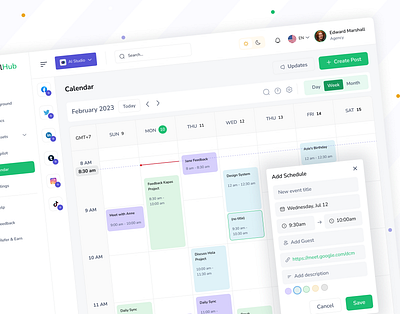 Calendar Dashboard calendar calendar app calendar dashboard dashboard date date picker events meeting popup product design saas schedule shasanko das time timetable todo ui ux web app web design