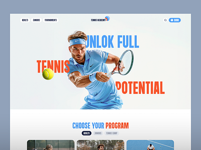 Tennis Academy 3d academy big font blue red branding creative evestar game homepage landing page olympic poster rocket sport sport style tennis typo typography ui web design