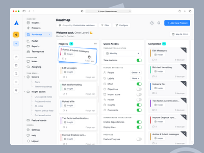 Product Roadmap Listing cards ui completed listing cards projects quick access roadmap task ui web app