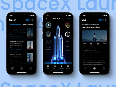 Space X Launch Tracking App abstract app appdesign blue dark darkmode elon elonmusk futuristic launch midjourney minimalistic rocket spacex ui ux