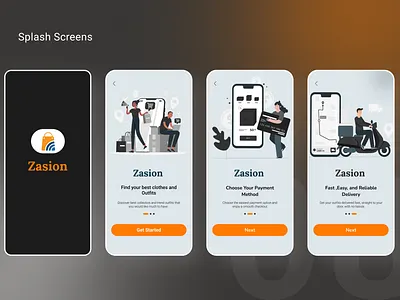 Splash UX/UI design app blue dark grey e commerce graphic design onboarding orange splash ui ux uxui