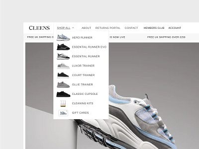 Cleens I Menu Design cro figma landing page menu minimal nav navigation shoe ui ux