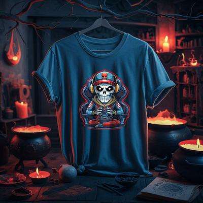 Halloween Skull gamer T-Shirt design soft cat shirt