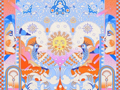 Cosmic Harmony aert animal artwork book cubisme decoration design fashion geometric graphic design illustration luxury peacock psychedelic scarf vector yoaz