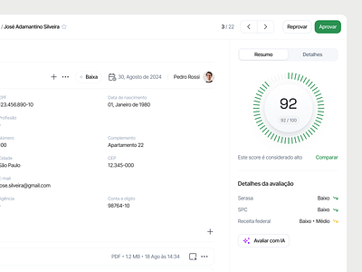 Score avaliation brazil data data table details due diligence onboarding ribeirão preto score segmented control são paulo table user details