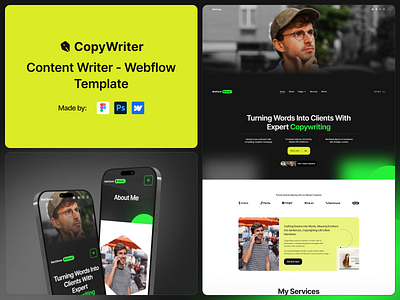 CopyWriter - Content Writer Webflow Template blogging branding campaigns brochures content writers copywriters copywriting design figma freelance websites journalism modern design newsletters research marketing template ui ux video scripts webflow webflow template website