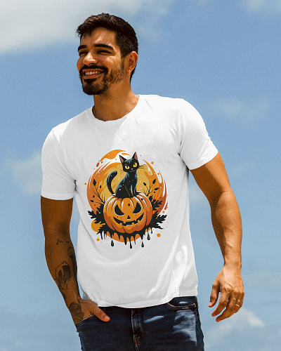 Halloween black cat in Pumpkin T-Shirt design soft cat shirt