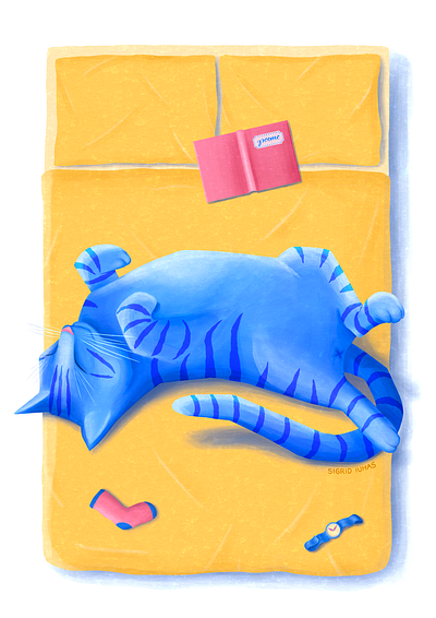 Pisicopatul animal bed blue book cat children drawing illustration kids lazy painting procreate sleep yellow