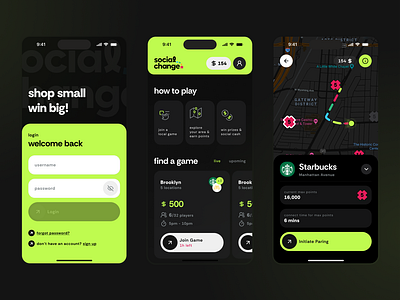 SocialChange - Rewards & Loyalty Mobile App app dark ui gamification interface ios map mobile ui ux