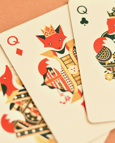 Quinn the Fox Playing Cards animals art deco card game cards cool cute flat design fox foxes geometric illustration intricate detail nature pattern design playing cards poker queen of clubs queen of diamonds queen of hearts queen of spades