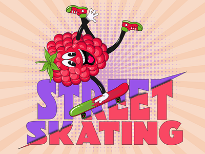 Pink Raspberry Mascot Character with Typography Street Skating business cartoon cartoon mascot logo character emoji food fruit groovy mascot mascot character modern pink print raspberry retro mascot skating street trandy tshirt typography