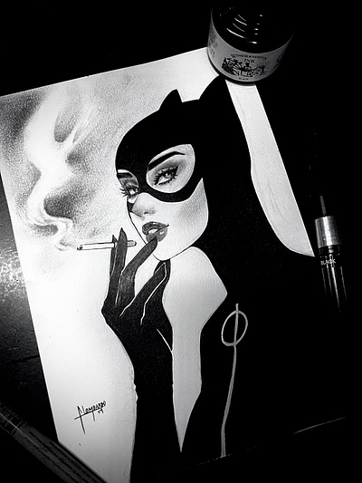 Catwoman ink and charcoal on traditional paper dc art drawing ink catwoman