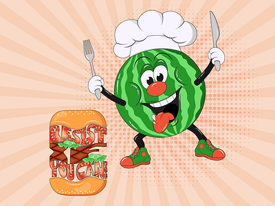 Watermelon Mascot Character with Typography Resist if You Can! burger business cartoon cartoon mascot logo character food fruit green groovy hungry mascot mascot character modern print retro mascot shef trendy tshirt typography watermelon