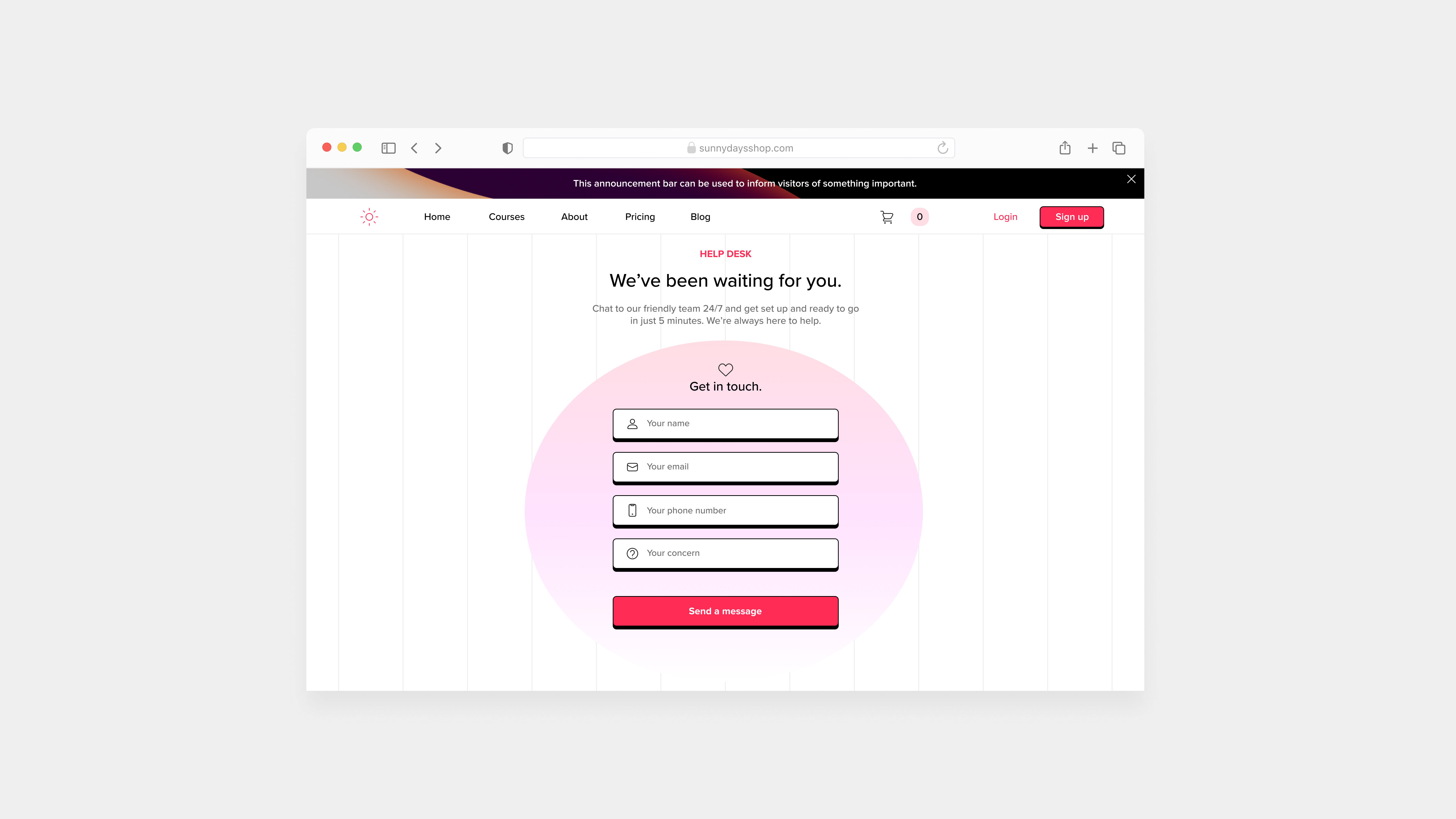 Day 28 - Contact Page #DailyUI contact page customer service dailyui design help desk lightmode macos pink ui ux website