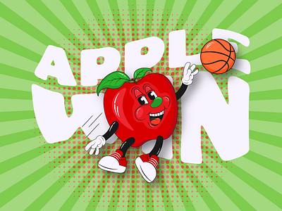 Red Apple Mascot Character with Typography Apple Win apple ball basket business cartoon cartoon mascot logo character food fruit groovy mascot mascot character modern print red retro mascot sport trendy tshirt typography