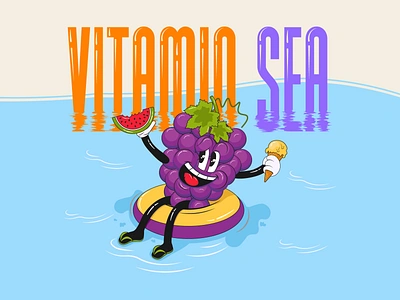 Grape Cartoon Mascot Character with Typography Vitamin Sea business cartoon cartoon mascot logo character food fruit grape groovy ice cream mascot mascot character modern print retro mascot sea swim ring trendy tshirt typography violet