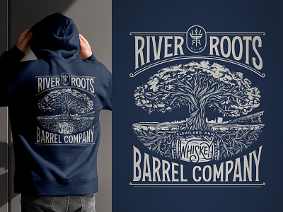 River Roots Hoodie apparel barrel blue branding cleveland company custom detail drawing hoodie illustration men mockup navy ohio procreate river roots tree whiskey