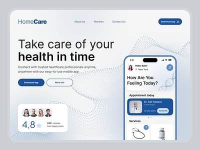 Medical Website Landing Page | HomeCare ambulance appointment doctor doctor booking app health home care home doctor home page landing page med visit medical booking app medical care medics mobile app online doctor booking patient app rate ui design uxui website