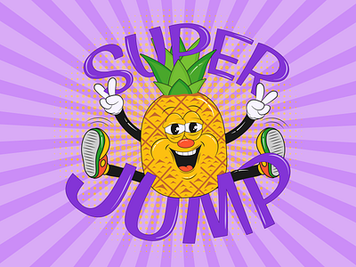 Pineapple Cartoon Mascot Character with Typography Super Jump business cartoon cartoon mascot logo character food fruit groovy jump mascot mascot character modern pineapple print retro mascot super trendy tshirt typography violet yellow