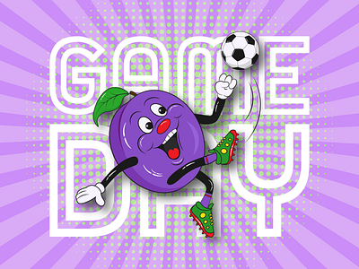 Fruit Plum Cartoon Mascot Character with Typography Game Day business cartoon cartoon mascot logo character day emoji food football fruit game groovy mascot mascot character modern plum print retro mascot trend typography violet