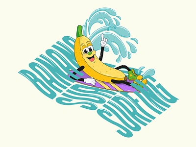 Fruit Cartoon Mascot Character Waves Typography Banana Surfing banana business cartoon cartoon mascot character emoji food fruit groovy mascot mascot character print retro mascot sea surf surfing trendy typography waves yellow