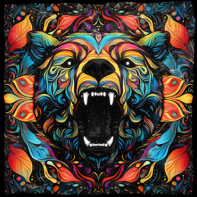 AGGRESSION IX abstract art bear digital digitalart drawing eyes face floral head illustration nature neon patterns teeth texture vector