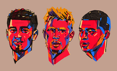 Bellingham + De Bruyne + Mbappe character design football football illustrated football illustrations football portraits illustrated football illustration illustrator people portrait portrait illustration portraits procreate soccer soccer illustrated soccer illustration