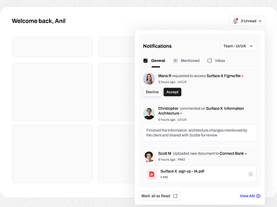 🔔 Seamless Notification Hub for Productive Teams dribbbleshots dailyui figma designsystem minimaldesign cleanui notifications dropdown playfului responsivedesign productivity collaboration teamwork interactivedesign ui ux userinterface userexperience webdesign dashboardui