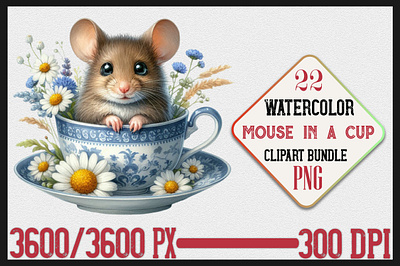 Watercolor Mouse In a Cup Clipart Bundle greeting cards