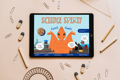 Science Spirit characterdesign children digital magazine dinosaur editorial design edtech education educationaldesign energy epublishing flat illustration fossil fuels game interactive kids layout school science student book vibrant colors