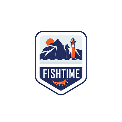 Logo and packaging design for the series Fish Time blue branding fish fjords graphic design illustration label lighthouse logo mountains orange packaging scandinavian