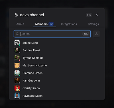 Channel Members list add modal badge channel list members members list modal pop up popover popup private channel product design saas search sharing permission team ui user interface users users list