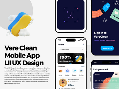 Vere Clean Mobile App | UI UX Design clean house app cleaning app design cleaning home mobile ui cleaning mobile app design link your card mobile app sign in uiux welldux